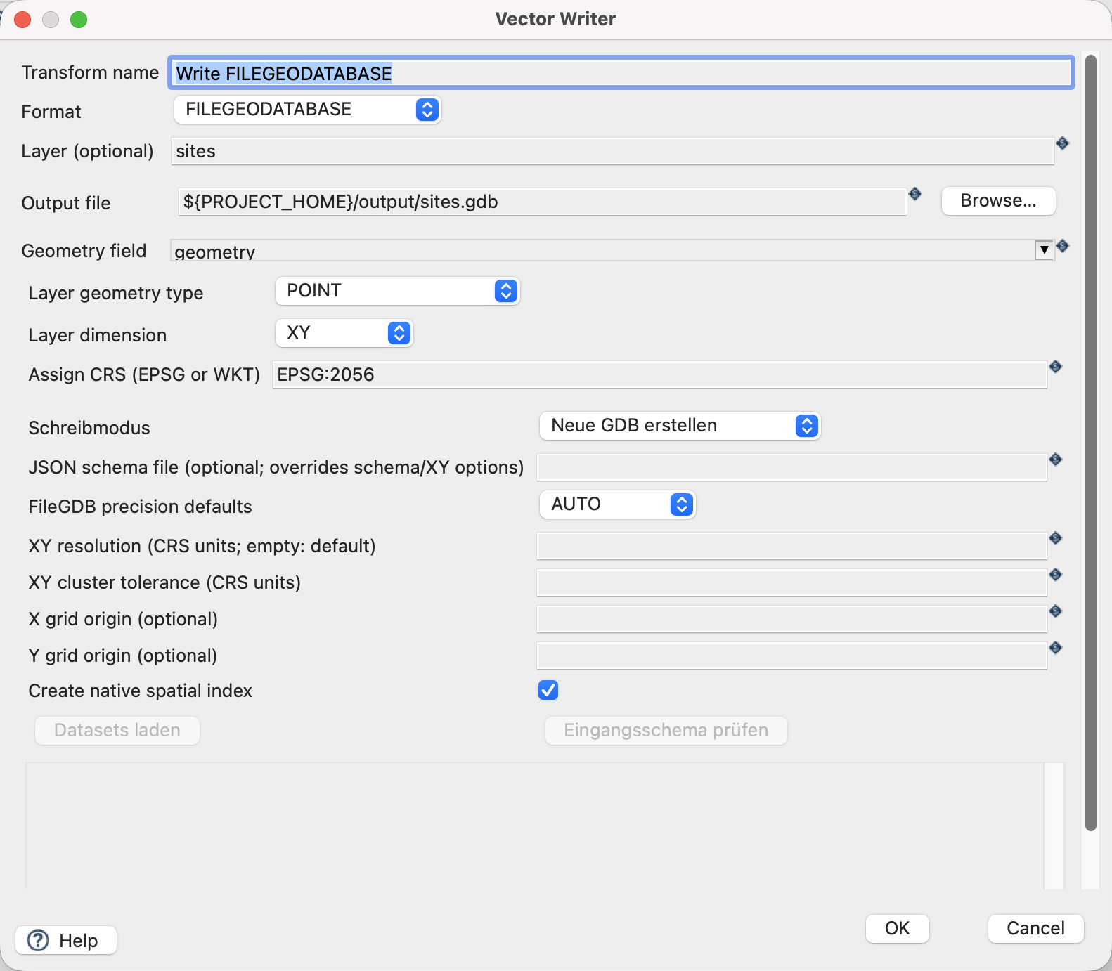 Vector Writer settings for File Geodatabase.