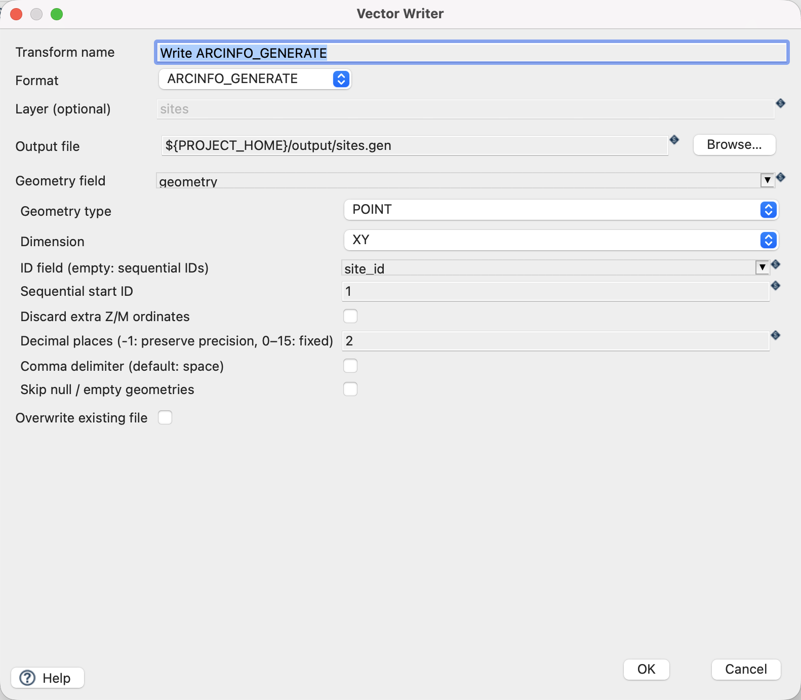 Vector Writer settings for ArcInfo GENERATE.