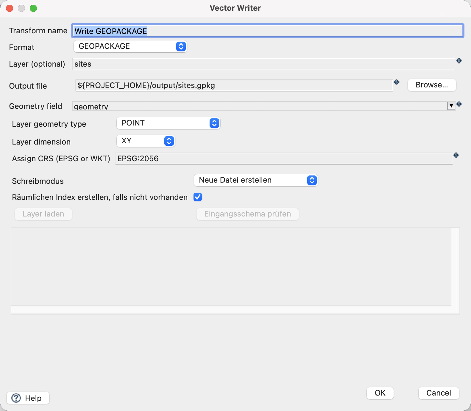 Vector Writer settings for GeoPackage.
