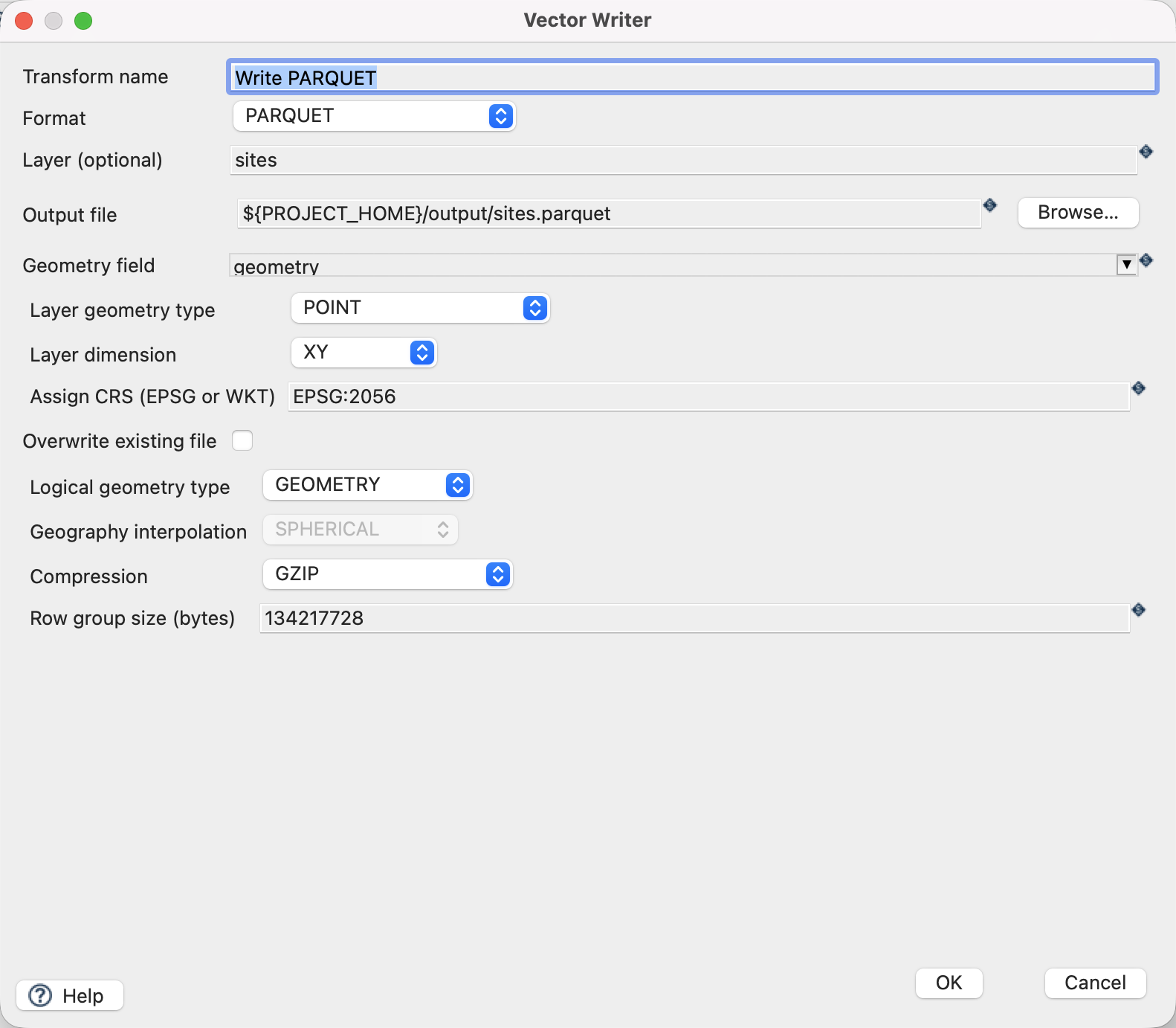 Vector Writer settings for Native spatial Parquet.