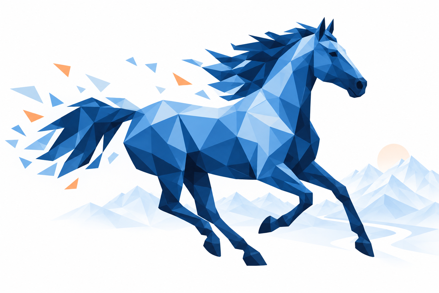 A blue horse built from triangular facets, running above a pale alpine landscape and winding river.